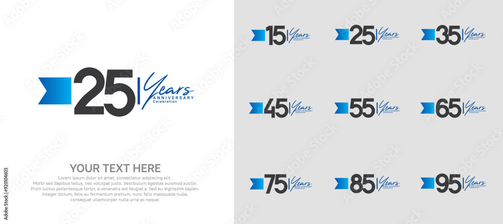 Naklejka premium anniversary logotype set. black number and blue ribbon for celebration