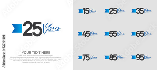 anniversary logotype set. black number and blue ribbon for celebration