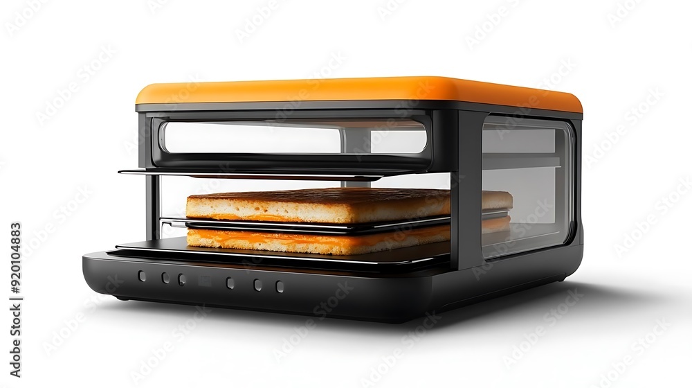 3D Render of a Black and Orange Toaster Oven with a Glass Door and Two Toasted Sandwiches Inside 3D Render of a Black and Orange Toaster Oven with a Glass Door and Two Toasted Sandwiches Inside