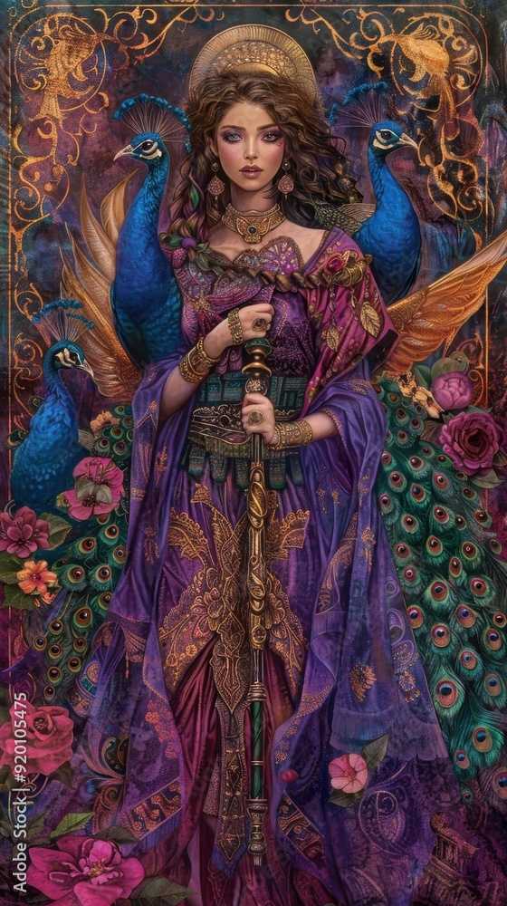 A Mystical Portrait of a Woman Surrounded by Peacocks A Mystical Portrait of a Woman Surrounded by Peacocks