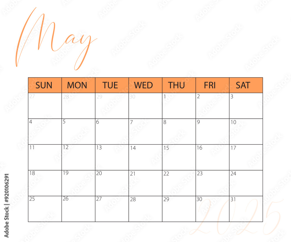 May 2025 Calendar. Vector calendar. Week starts sunday. Calendar ...