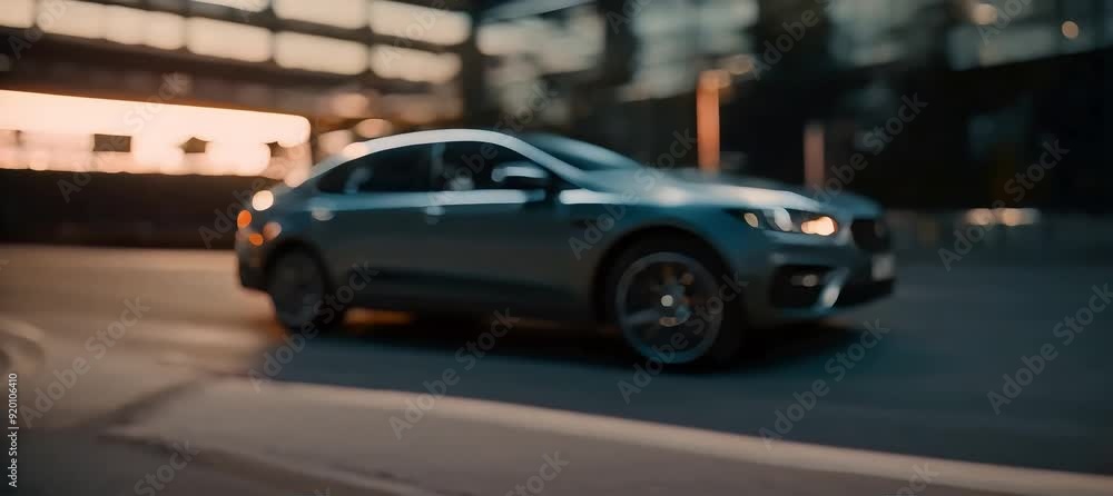 A luxury car speeds along an urban highway at sunset, showcasing its sleek design and modern elegance A luxury car speeds along an urban highway at sunset, showcasing its sleek design and modern elegance