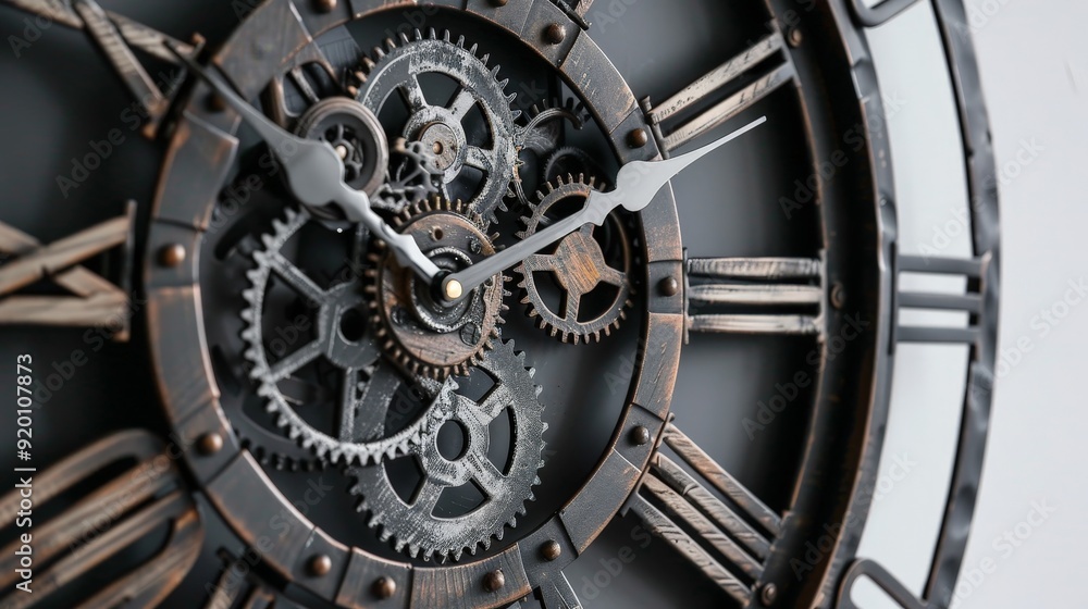 A 3D wall clock with an industrial design, featuring exposed gears and a metal frame, perfect for contemporary interiors. A 3D wall clock with an industrial design, featuring exposed gears and a metal frame, perfect for contemporary interiors.