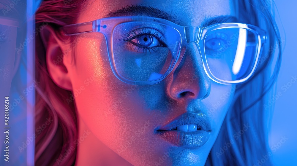 Close-up portrait of a woman wearing glasses with blue and red neon lights reflecting in her eyes. Close-up portrait of a woman wearing glasses with blue and red neon lights reflecting in her eyes.