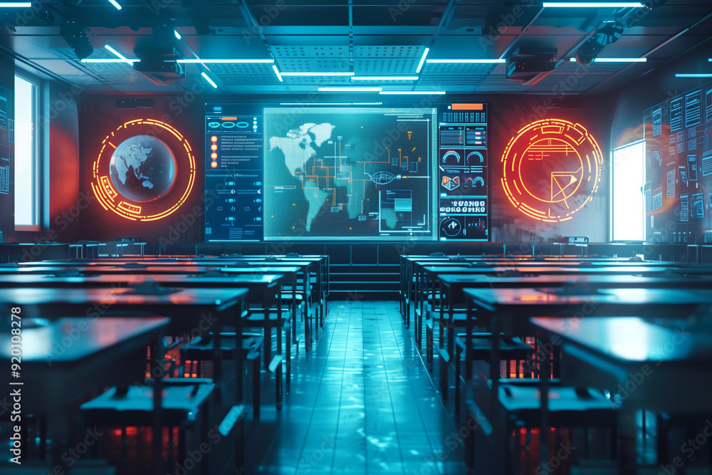 Conference room with a futuristic design meeting with international executives. Command room monitoring data on earth map Conference room with a futuristic design meeting with international executives. Command room monitoring data on earth map