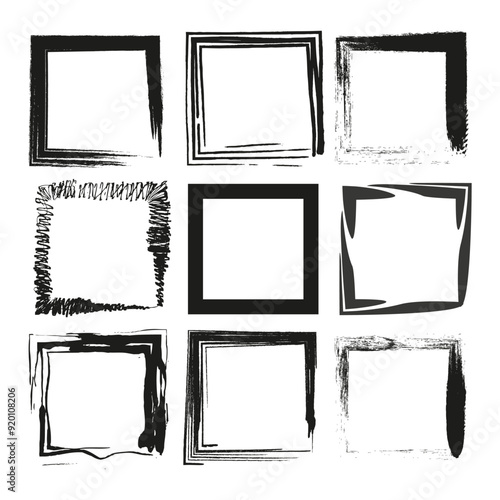 Grunge square frames. Black and white. Hand-drawn styles. Vector graphic.