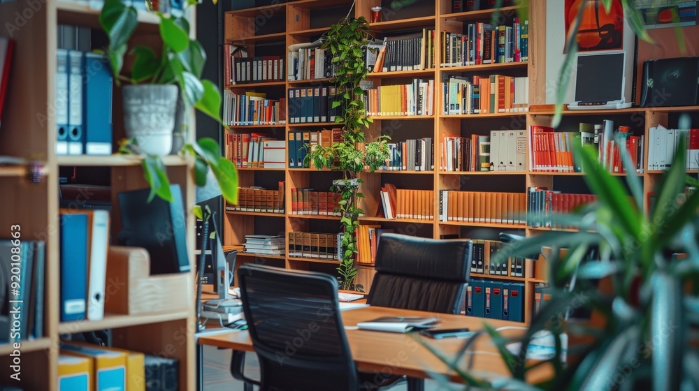 A business office with a professional library, stocked with industry-related books and resources. A business office with a professional library, stocked with industry-related books and resources.