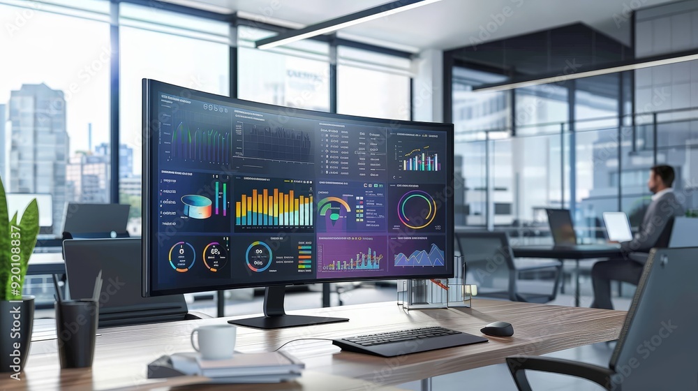 A business office with an interactive display screen showing key performance metrics in real-time. A business office with an interactive display screen showing key performance metrics in real-time.