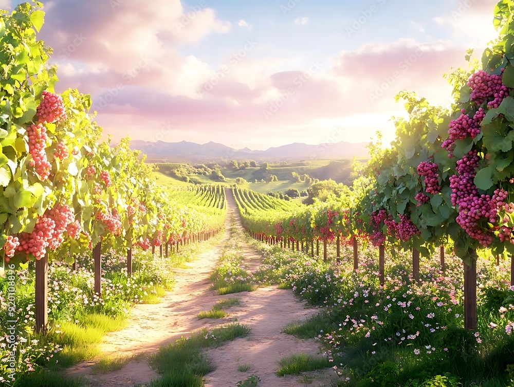 Naklejka premium Vineyard Landscape Illustration with Sunset and Lush Green Vines