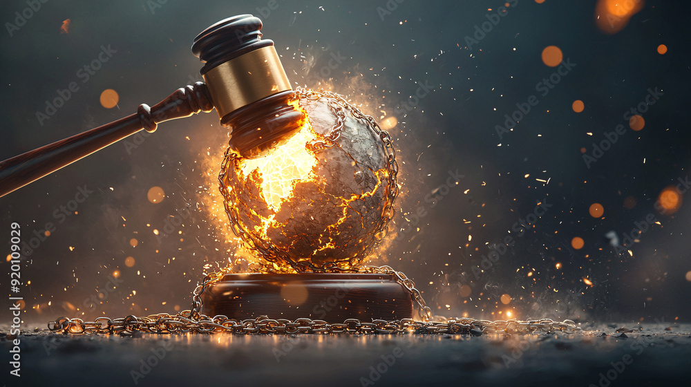 A judge's gavel is used to smash a globe. Concept of destruction and chaos. A judge's gavel is used to smash a globe. Concept of destruction and chaos.