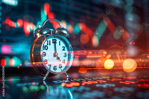 Vintage Alarm Clock on Stock Market Data Background with Colorful Light Streaks Representing Financial Trends and Time Management photo