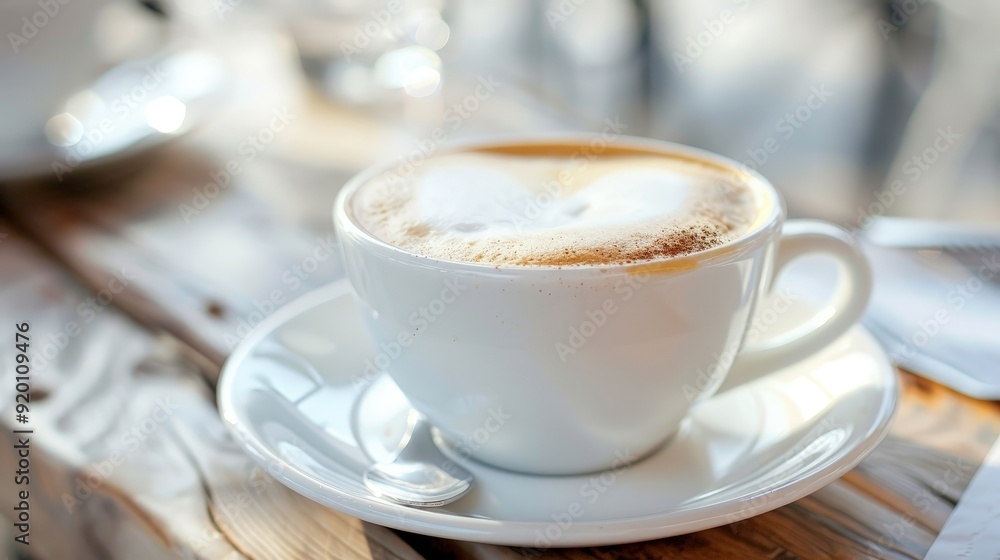 A cappuccino with foam in a simple white cup and saucer. A cappuccino with foam in a simple white cup and saucer.