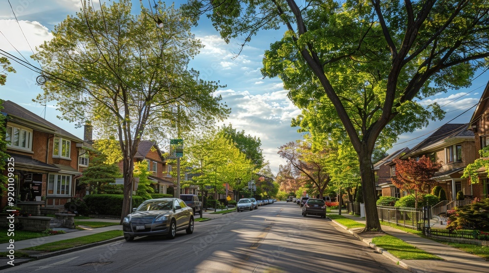 A city road in a residential neighborhood, lined with trees and family homes, showcasing the quieter side of urban living. A city road in a residential neighborhood, lined with trees and family homes, showcasing the quieter side of urban living.