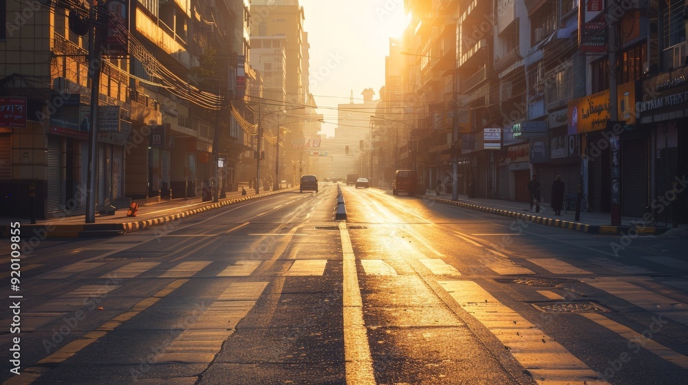 A city road in the early morning, with the first light of day casting long shadows and the city slowly coming to life. A city road in the early morning, with the first light of day casting long shadows and the city slowly coming to life.
