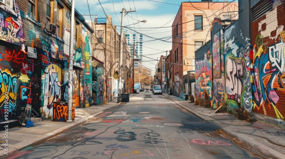 Obraz premium A city road with street art and murals, adding color and creativity to the urban landscape.