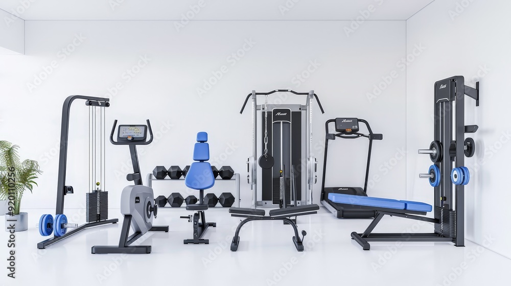 Obraz premium A clean and modern gym isolated on a white background, showcasing a variety of high-quality fitness equipment and machines.