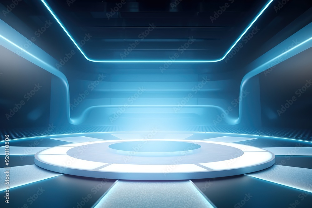Naklejka premium Futuristic circular stage with blue neon lights.