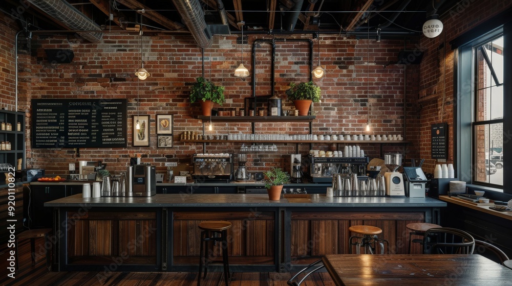 A coffee shop interior with exposed brick walls, industrial lighting, and a cozy atmosphere. A coffee shop interior with exposed brick walls, industrial lighting, and a cozy atmosphere.
