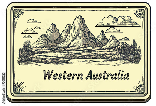 Vintage illustration of Western Australia with a detailed sketch of mountains, trees, and clouds in a classic monochrome style.