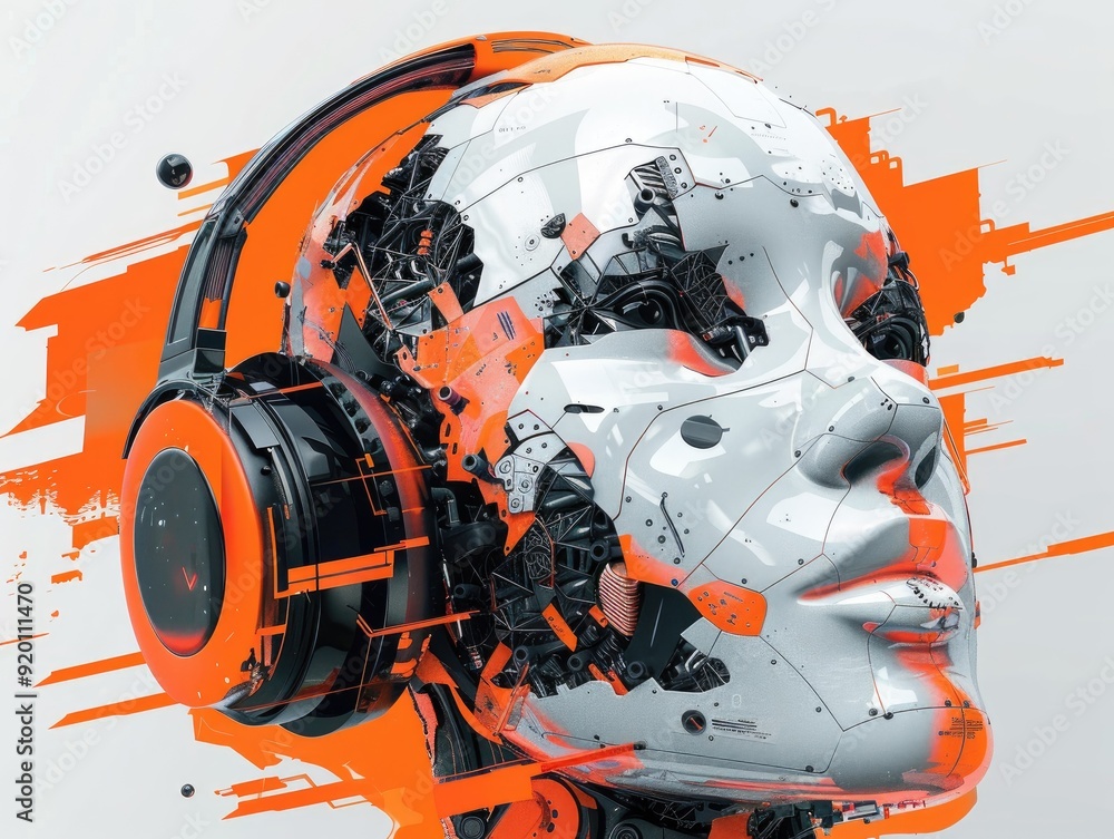 Fototapeta premium A robotic head with a pair of headphones, futuristic design, detailed mechanisms, and orange accents against a white background.