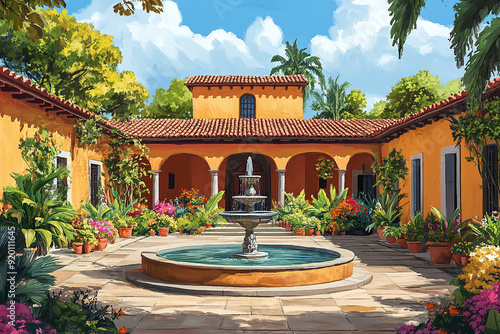 Illustration of a Mexican hacienda with a courtyard and fountain.