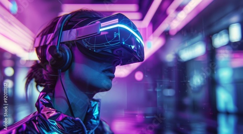 A breathtaking and stunning depiction of virtual reality is presented, showcasing the immersive experience made possible by hightech goggles, set against a vibrant and colorful neon inspired setting