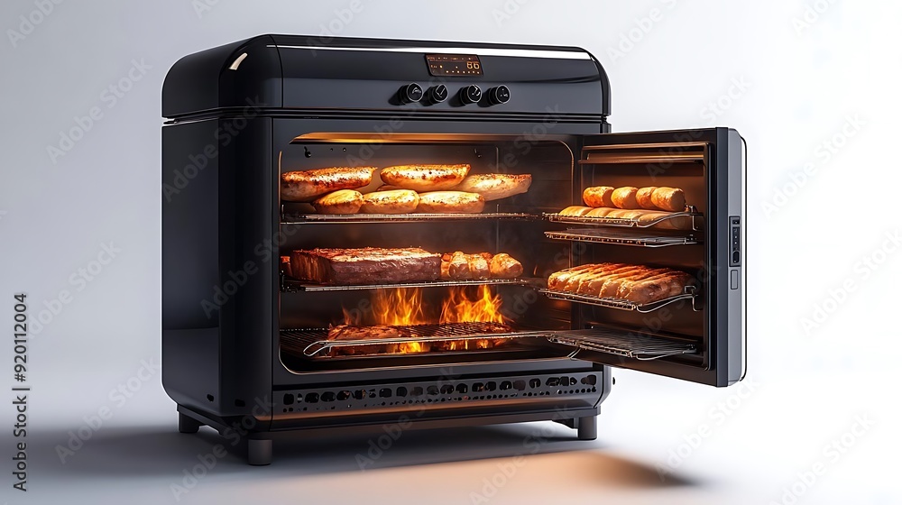 Black Smoker Grill With Open Door and Meat Cooking Inside - 3D Render Black Smoker Grill With Open Door and Meat Cooking Inside - 3D Render
