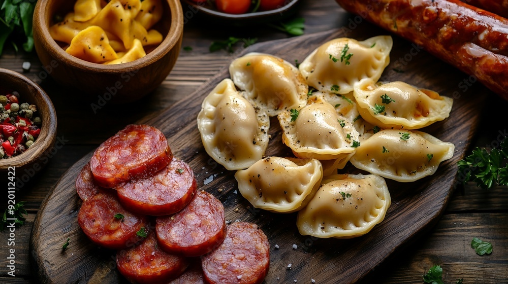 delicious pierogi and kielbasa, wooden table delicious pierogi and kielbasa, wooden table