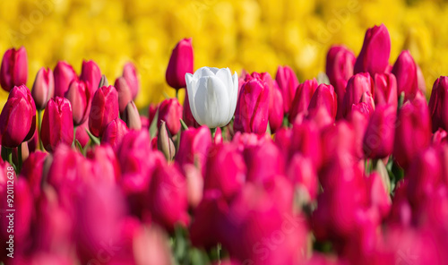 Fotografie White Tulip Stands Out in a Skagit Valley Tulip Field