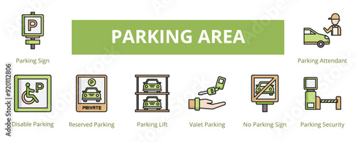Parking Area Lineal Color Banner Web Icon Set Vector Illustration, Parking Sign Disable Reserved Lift Valet No Parking Sign Security Attendant