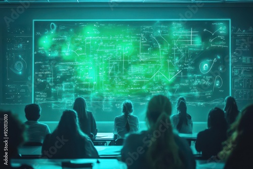 A digital chalkboard with glowing, animated equations being solved by a group of students in a hightech classroom, SciFi, Neon green and blue