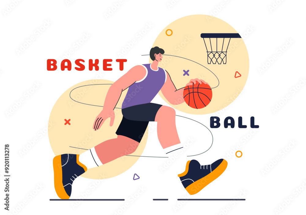 Happy Young Man Playing Basketball Vector Illustration Wearing a Basketball Uniform on an Court for Tournament in a Flat Style Design Background Happy Young Man Playing Basketball Vector Illustration Wearing a Basketball Uniform on an Court for Tournament in a Flat Style Design Background