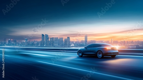 Wallpaper Mural Modern Electric Car on Highway at Sunrise Torontodigital.ca