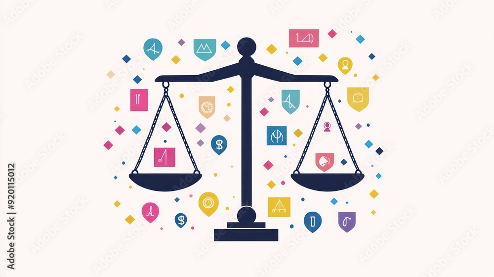 Exploring Justice: A Vibrant Representation of Scales Balancing Equality and Diverse Values in Society's Landscape Exploring Justice: A Vibrant Representation of Scales Balancing Equality and Diverse Values in Society's Landscape