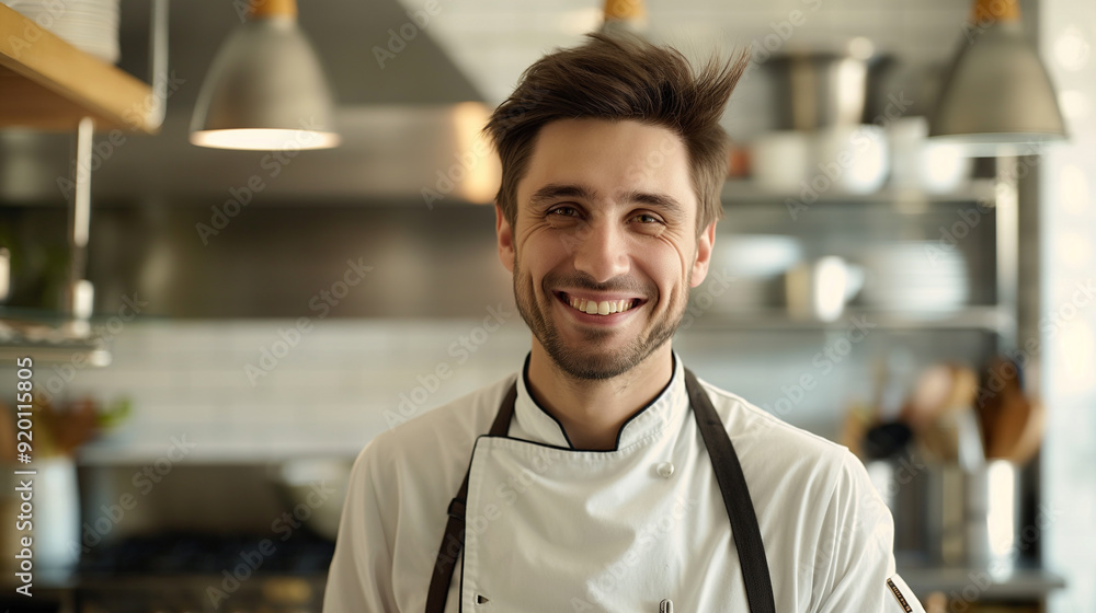 Fototapeta premium Portrait of a smiling male chef in the kitchen, happy cook