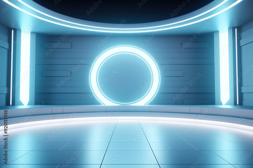 Futuristic interior with neon lights and circular platform. Futuristic interior with neon lights and circular platform.