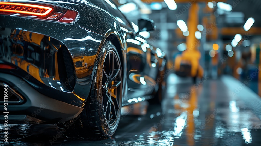 Shiny Black Car in Industrial Detailing Facility. Shiny black car inside an industrial detailing facility with bright lighting and reflective surfaces, highlighting the vehicle's polished finish. Shiny Black Car in Industrial Detailing Facility. Shiny black car inside an industrial detailing facility with bright lighting and reflective surfaces, highlighting the vehicle's polished finish.