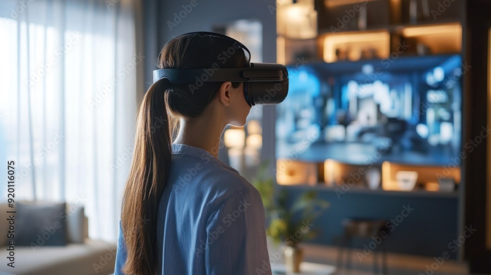 Woman Experiencing Virtual Reality in a Modern Home Woman Experiencing Virtual Reality in a Modern Home