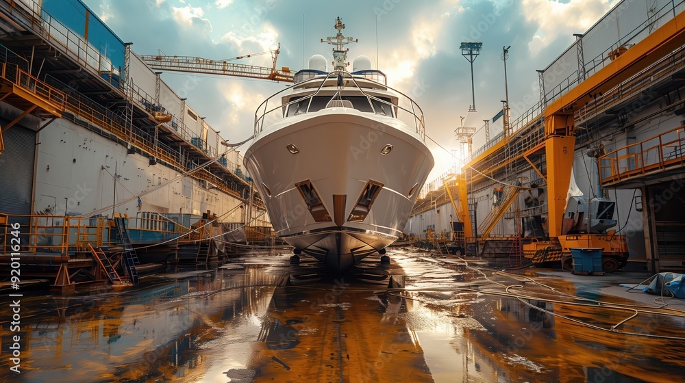Yacht in a dry dock at a shipyard, undergoing maintenance and repairs ...