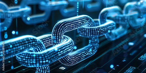 blue chains with binary codes, blue blockchains, digital chains, tecnology, Digital Blockchain Network: Securing Data Links in a Hyperconnected World photo