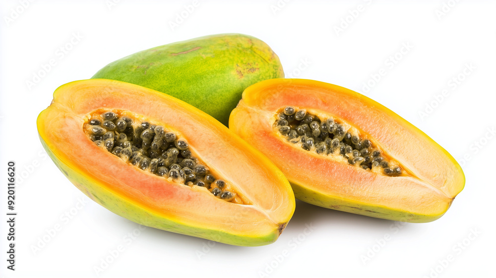 a single papaya cut lengthwise, with one half showing the seeds and the other cut into slices, displayed on a clean white plate against a white background a single papaya cut lengthwise, with one half showing the seeds and the other cut into slices, displayed on a clean white plate against a white background