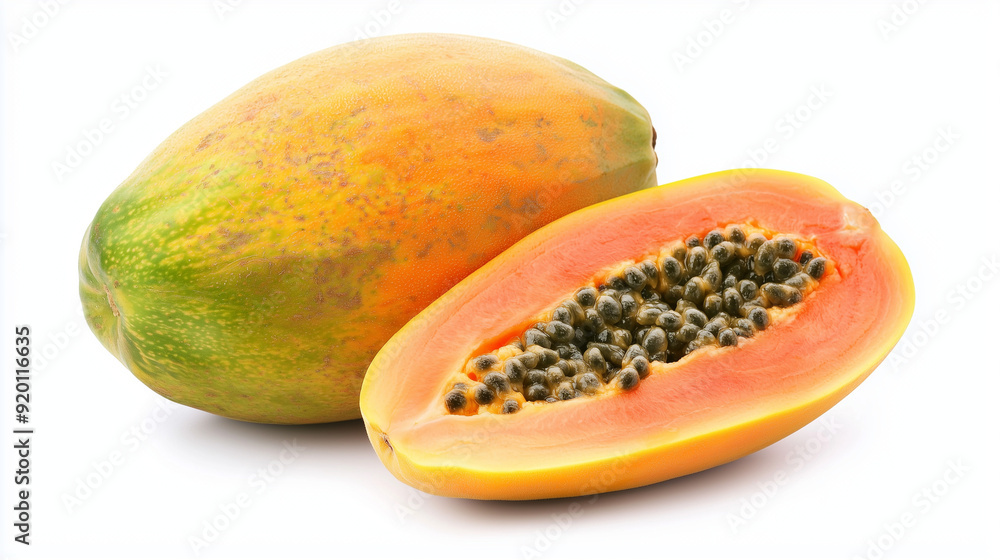a single papaya cut lengthwise, with one half showing the seeds and the other cut into slices, displayed on a clean white plate against a white background a single papaya cut lengthwise, with one half showing the seeds and the other cut into slices, displayed on a clean white plate against a white background