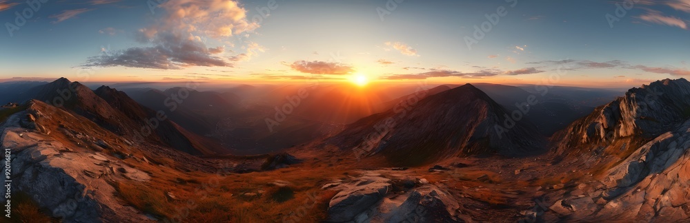 Naklejka premium 360 degree mountain during sunset. HDRI spherical panorama.