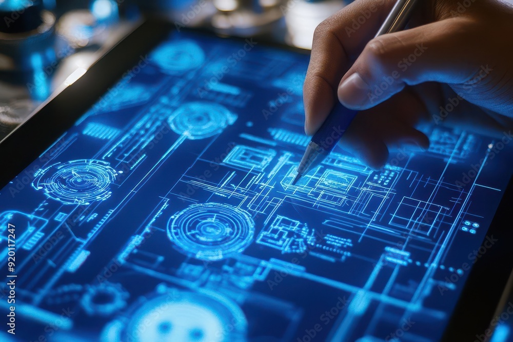 Hand drawing a digital blueprint on a tablet, hightech workshop, vibrant colors, steampunk style