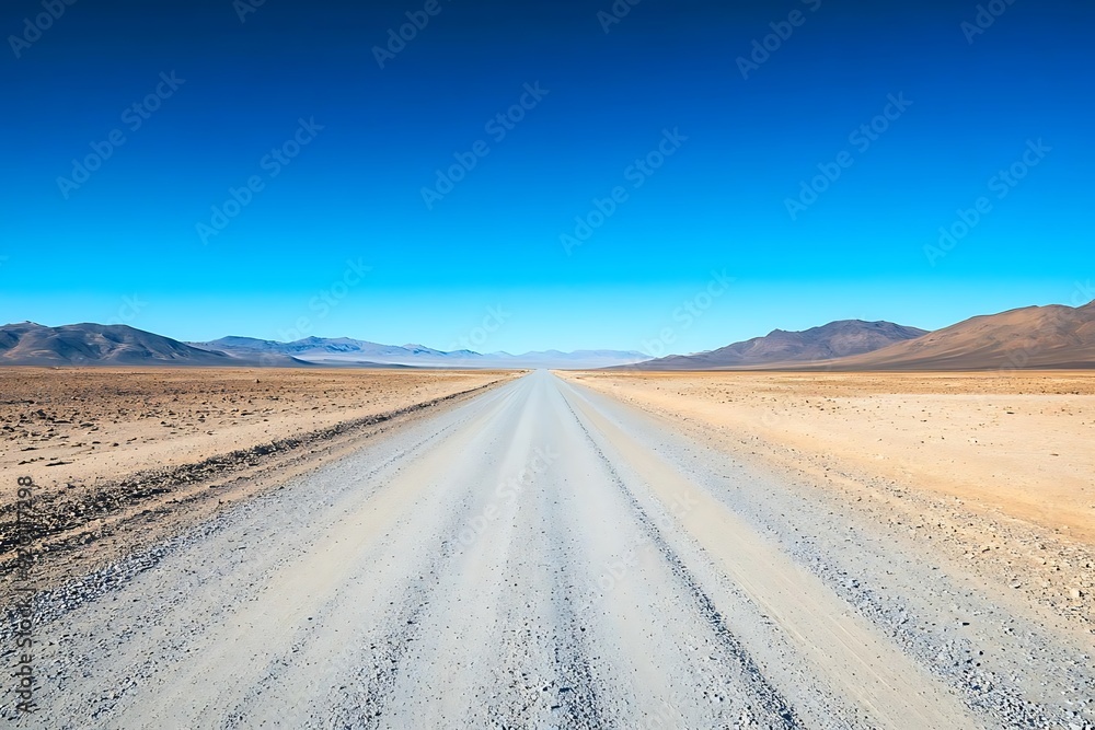 Fototapeta premium Photo of a Long Straight Gravel Road Leading to a Distant Mountain Range in a Desert