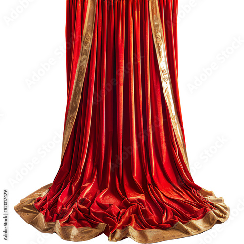 Luxurious red and gold velvet curtain with elegant folds, creating a rich and royal ambiance, perfect for stage and theater settings. photo