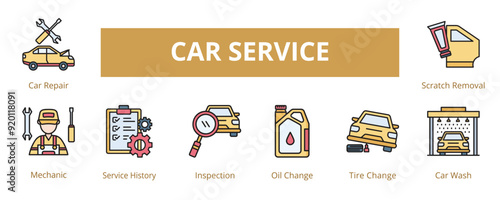 Car Service Lineal Color Banner Web Icon Set Vector Illustration, Car Repair Mechanic Service History Inspection Oil Change Tire Wash Scratch Removal