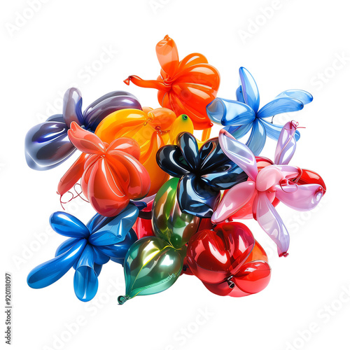 Colorful balloon animals arranged in a vibrant, playful display, perfect for party decor, celebrations, and children's events. photo