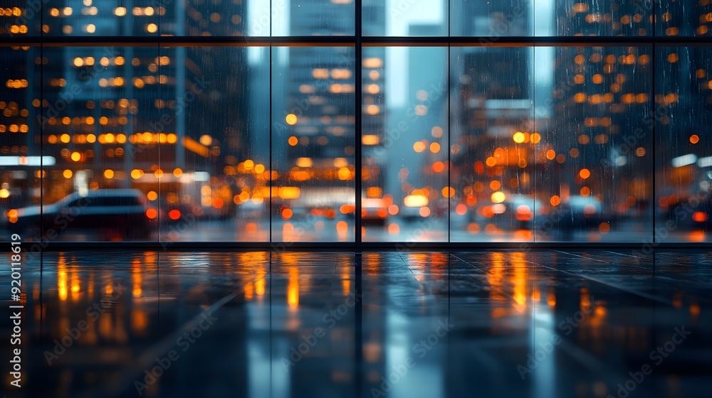 Fototapeta premium Rainy Night Cityscape View Through Window Reflection 3D Illustration