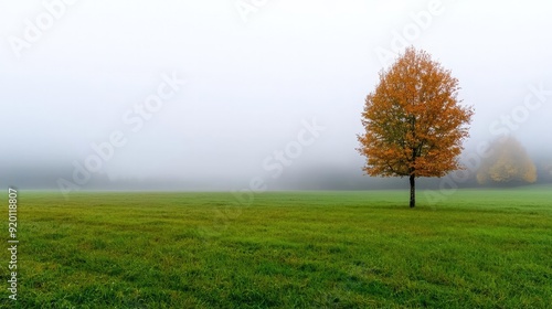 A serene landscape featuring a solitary tree in autumn colors, surrounded by a misty atmosphere and vibrant green grass.